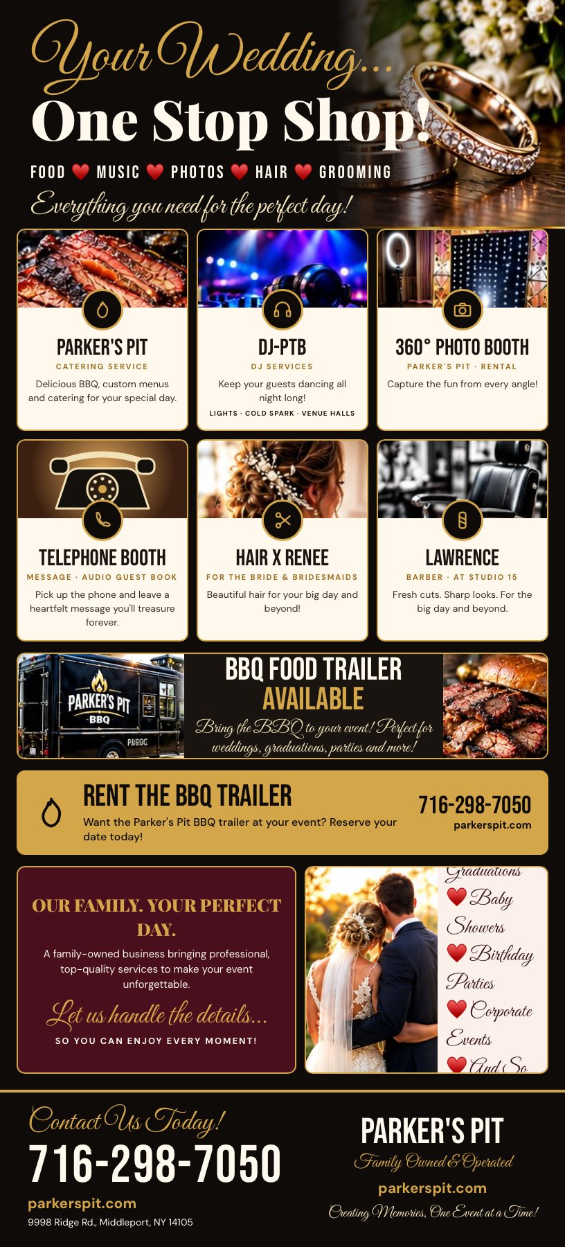 Your wedding one stop shop - Parker's Pit catering, DJ, 360 photo booth, telephone audio guest book, hair, barber and BBQ food trailer - 716-298-7050